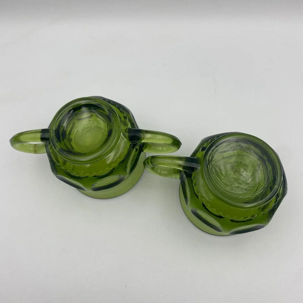 Vintage Green Glass Creamer and Sugar Bowl Set Thumbprint Pattern Retro MCM‎
